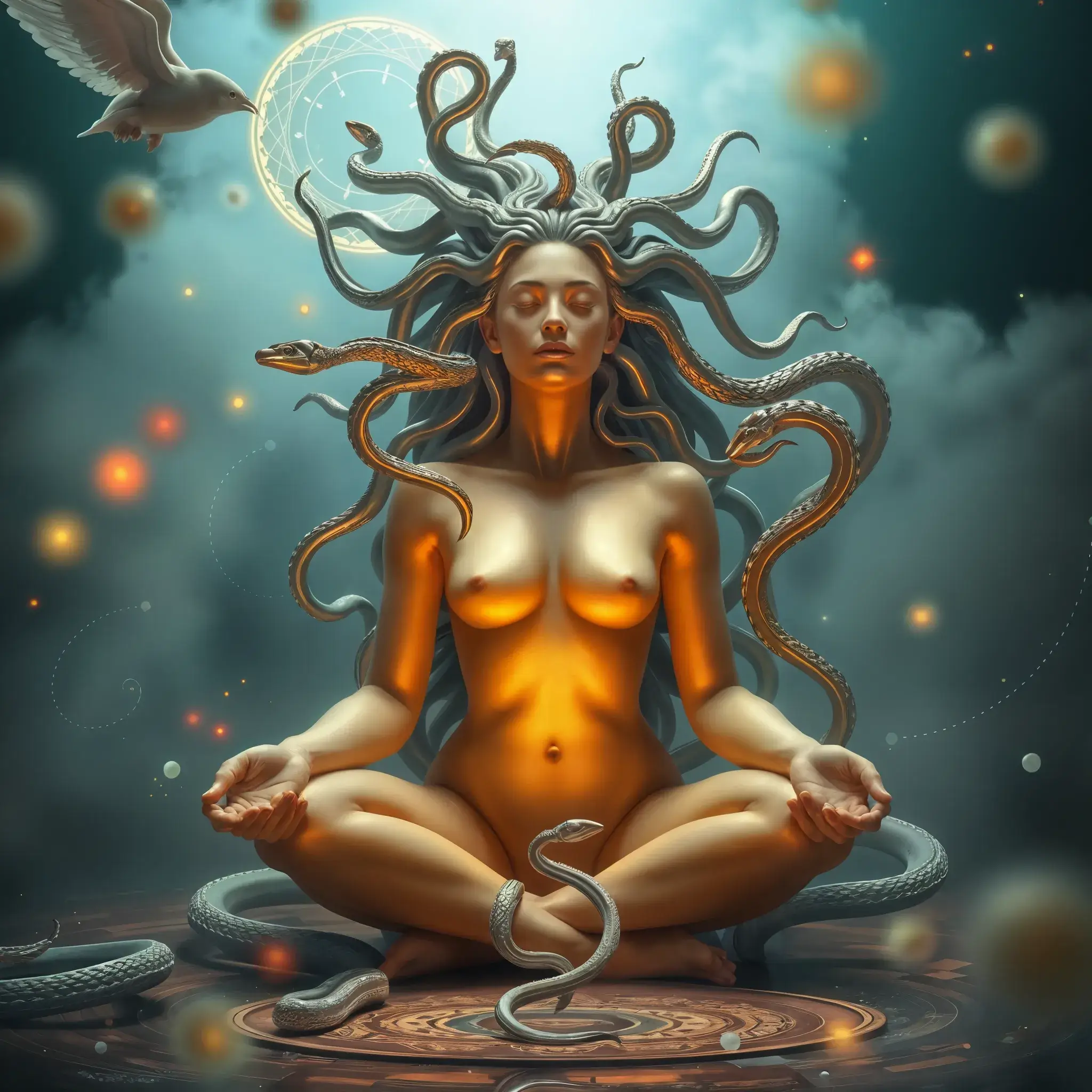 Arogyaspirit-Breathwork-red Eine Frau mit Schlangenhaar, inspiriert von Medusa, sitzt im Schneidersitz in meditativer Pose auf einem mystischen Symbol. Eine Taube fliegt über ihr hinweg, und leuchtende Kugeln schweben um sie herum in einer surrealen, magischen Atmosphäre.