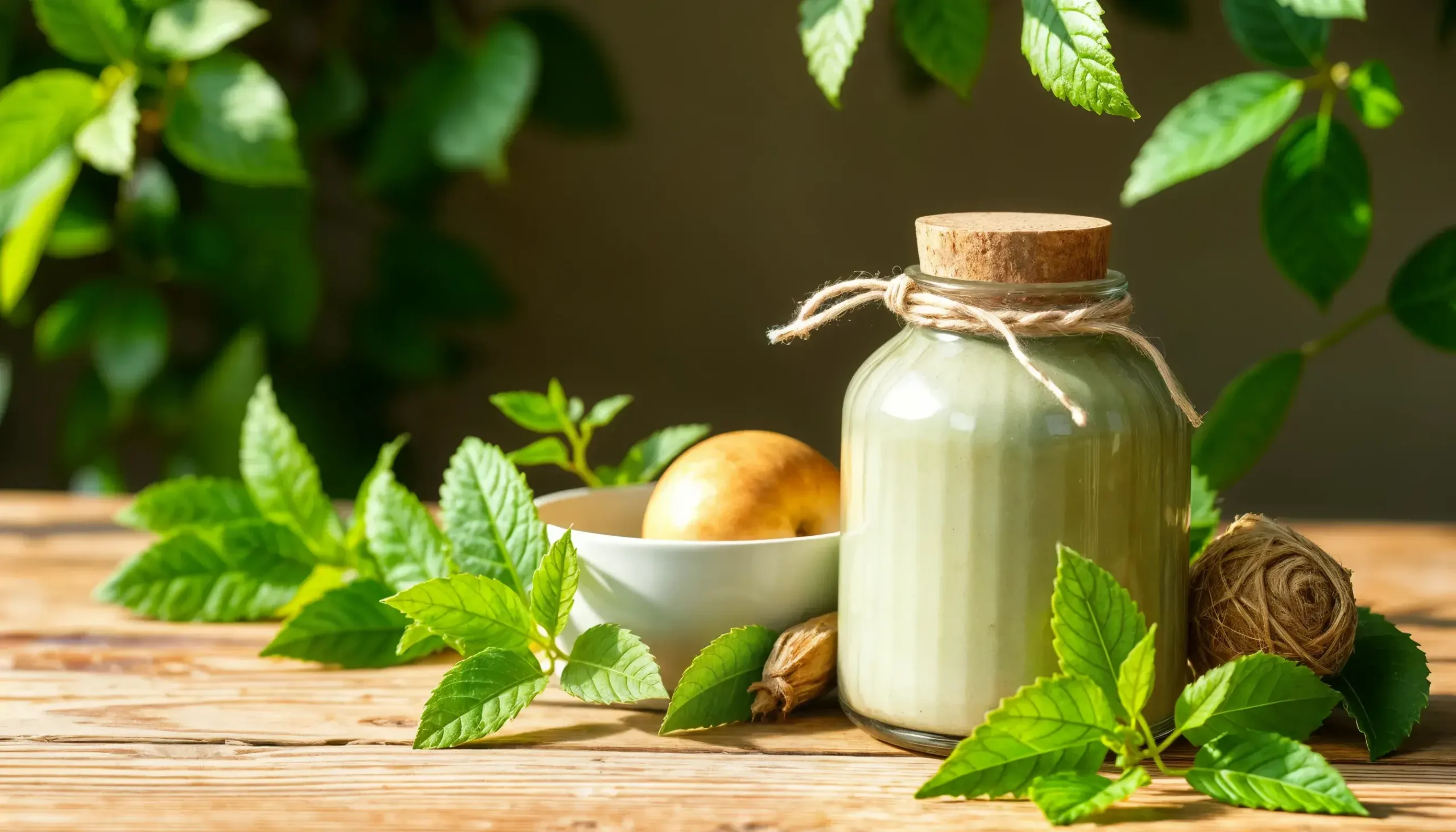 Arogyaspirit-natuerliche-darmreinigung-green Ein Glas mit grünem Smoothie, Korken und Schnur steht auf einem Holztisch, umgeben von frischen grünen Blättern, einer kleinen Schüssel mit einer Kartoffel und einem Knäuel Schnur. Sonnenlicht fällt durch die Blätter darüber.