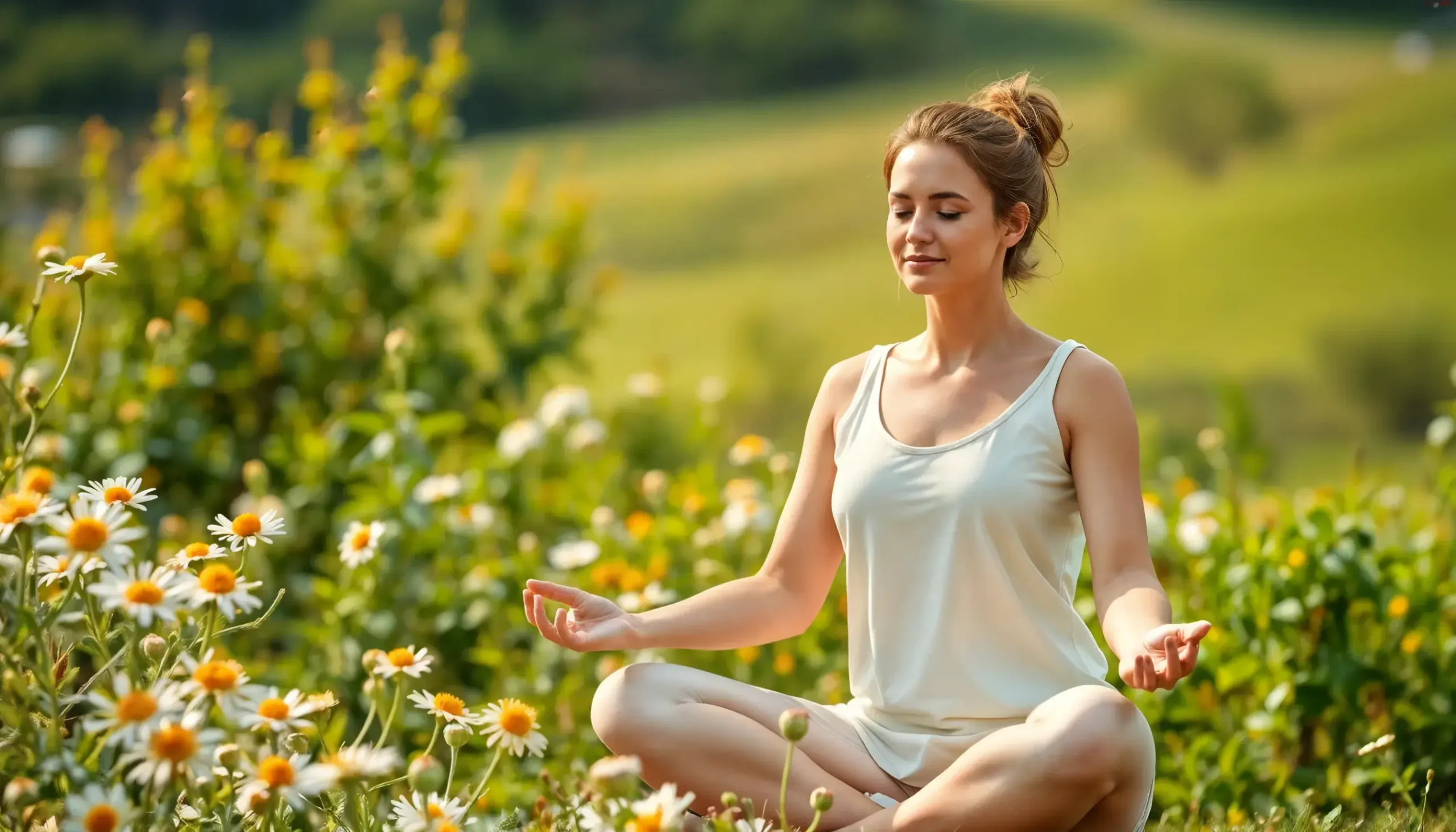 Arogyaspirit-natuerliche-leberreinigung-yoga-wohlbefinden Eine Frau sitzt im Schneidersitz in einem Gänseblümchenfeld und meditiert mit geschlossenen Augen und den Händen auf den Knien. Sie trägt ein helles Kleid. Im Hintergrund sind grüne, verschwommene Hügel und Bäume zu sehen.