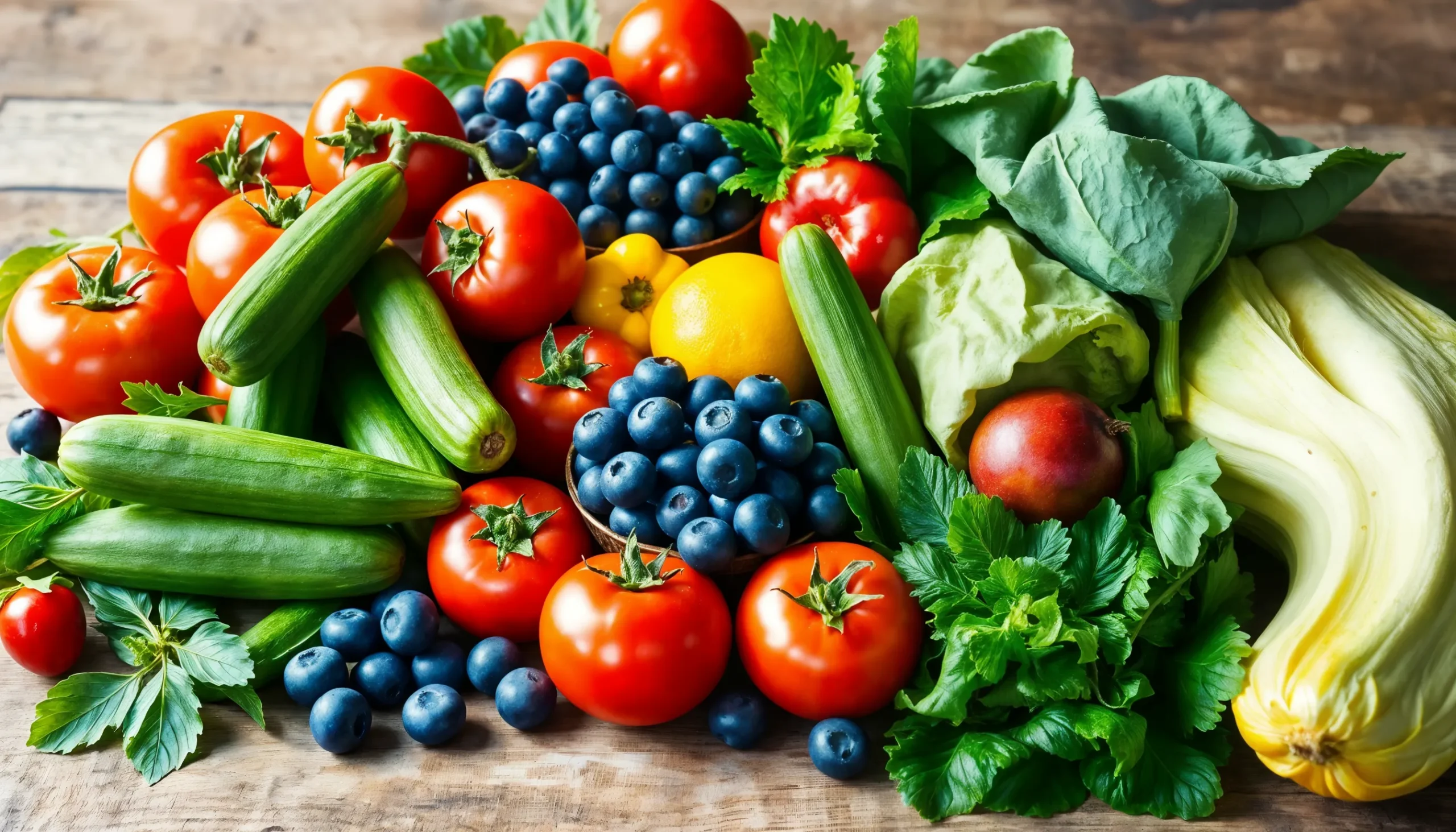 Eine bunte Auswahl an frischen Produkten auf einer Holzoberfläche: Tomaten, Gurken, Blaubeeren, eine Zitrone, Blattgemüse und eine Zucchini. Das farbenfrohe Arrangement unterstreicht die Vielfalt an Obst und Gemüse.