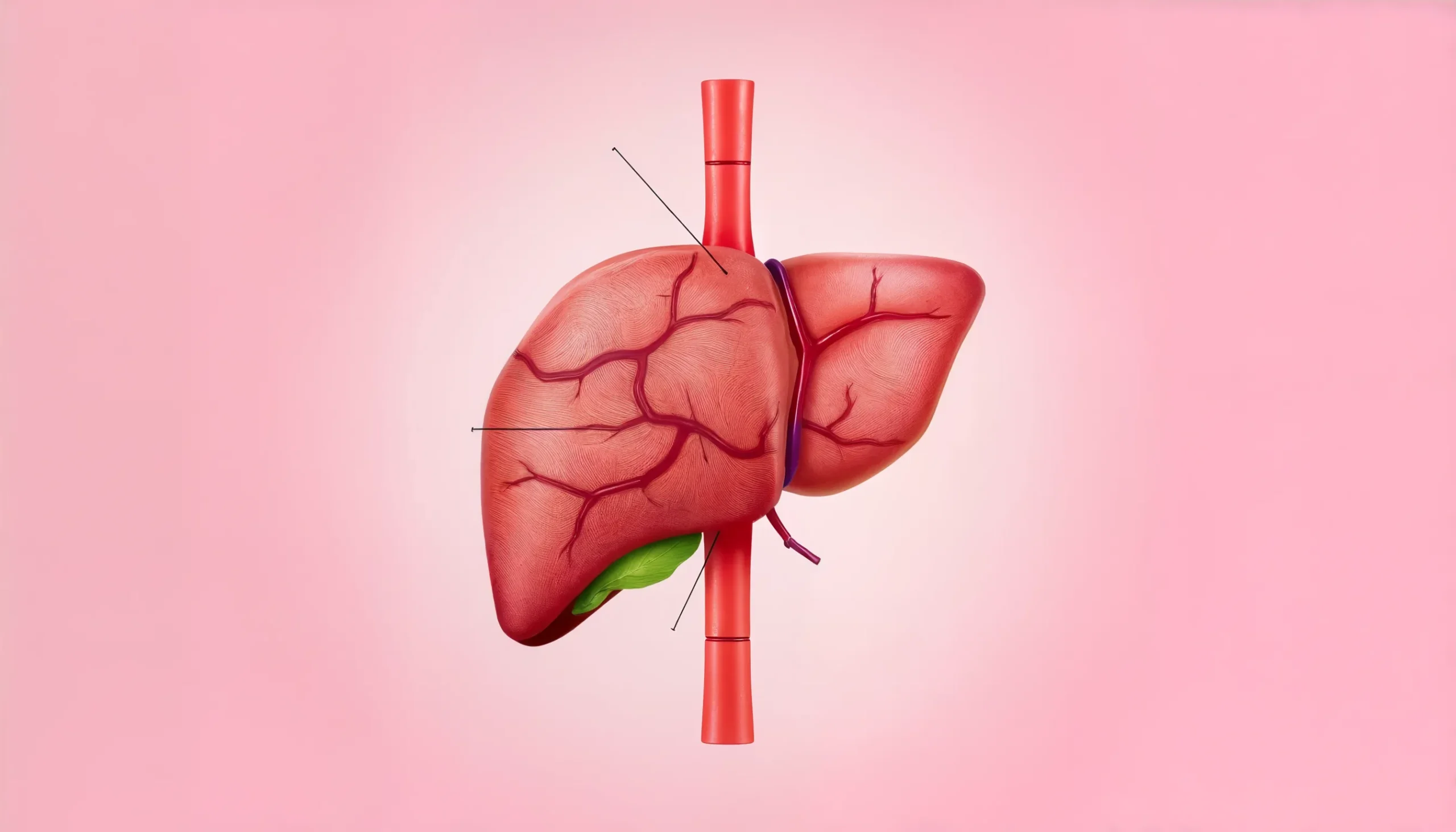 Abbildung einer menschlichen Leber mit sichtbaren Venen in Rot- und Rosatönen. Sie enthält Positionsmarkierungen und Beschriftungen für anatomische Merkmale auf hellrosa Hintergrund.