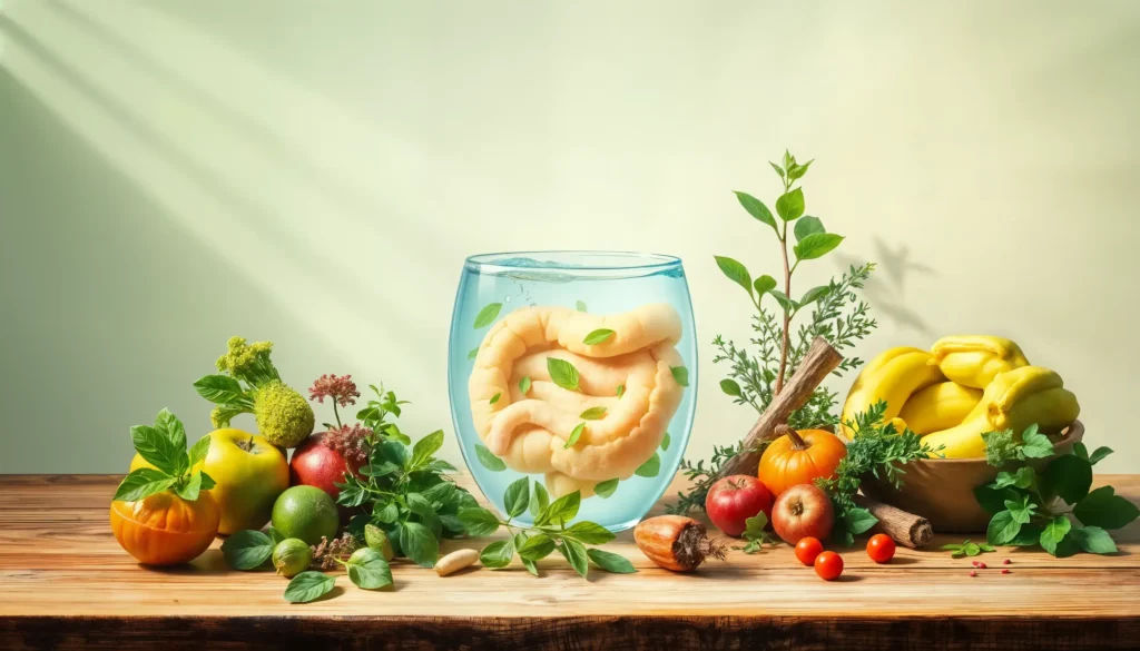 Ein Glas mit einem Modell menschlicher Därme und grünen Blättern steht auf einem Holztisch, umgeben von frischem Obst, Gemüse und Kräutern und symbolisiert Darmgesundheit und Ernährung.