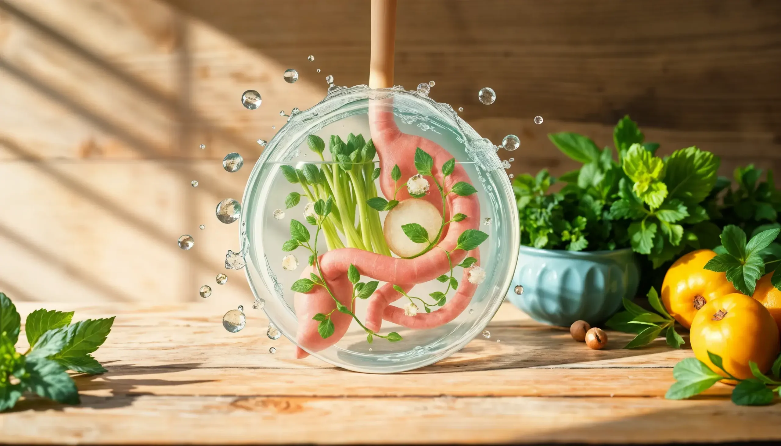 Ein Glasteller mit einem Diagramm des menschlichen Verdauungssystems, gefüllt mit frischen Kräutern und Gemüse, steht auf einem Holztisch, umgeben von Tomaten, Grünzeug und einfallendem Sonnenlicht. Blasen umgeben den Teller und suggerieren Frische.