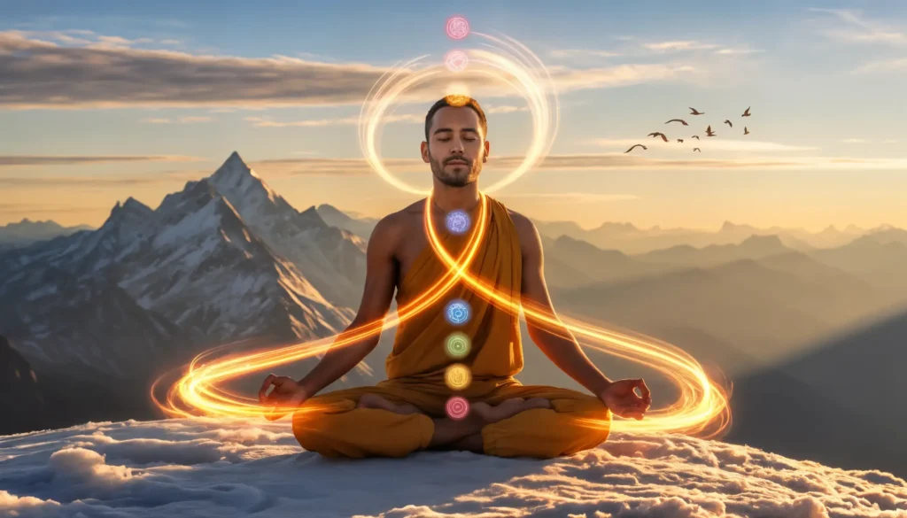 Ein Mann in orangefarbener Robe meditiert bei Sonnenaufgang mit geschlossenen Augen auf einem schneebedeckten Berggipfel. Leuchtende Chakren und goldene Energieschleifen umgeben ihn, im Hintergrund sind Berggipfel und fliegende Vögel zu sehen.