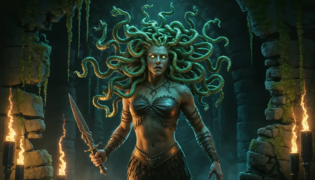Eine grimmige Medusa steht mit leuchtenden Augen und Schlangenhaar in einer dunklen Steinkammer. Sie trägt ein Oberteil und einen Rock aus Leder und hält ein Schwert in der Hand. Fackelschein und unheimliches grünliches Licht umhüllen sie.